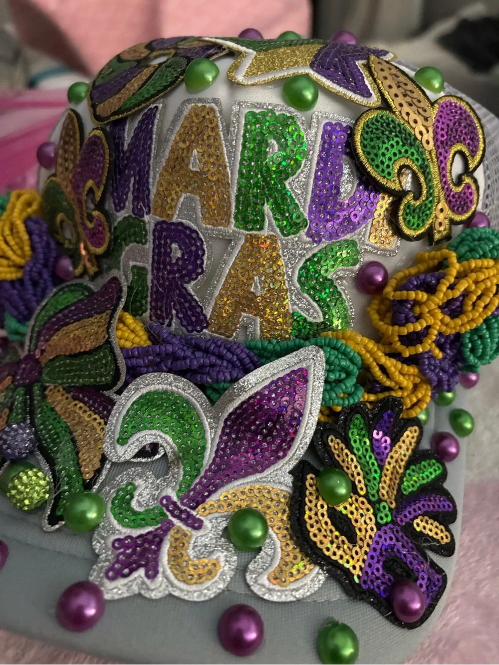 Mardi Gras Custom Beaded Hat - Purple, Green & Gold
